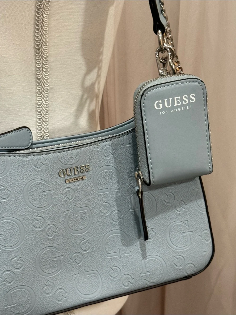 GUESS Light Blue Embossed Logo Shoulder‎ Bag with Phone Pouch